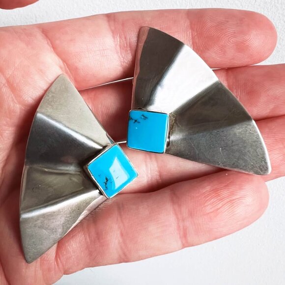 Stunning Sterling Silver and Turquoise Earrings, for Gertrude Zachary, Albuquerq - Picture 2 of 4